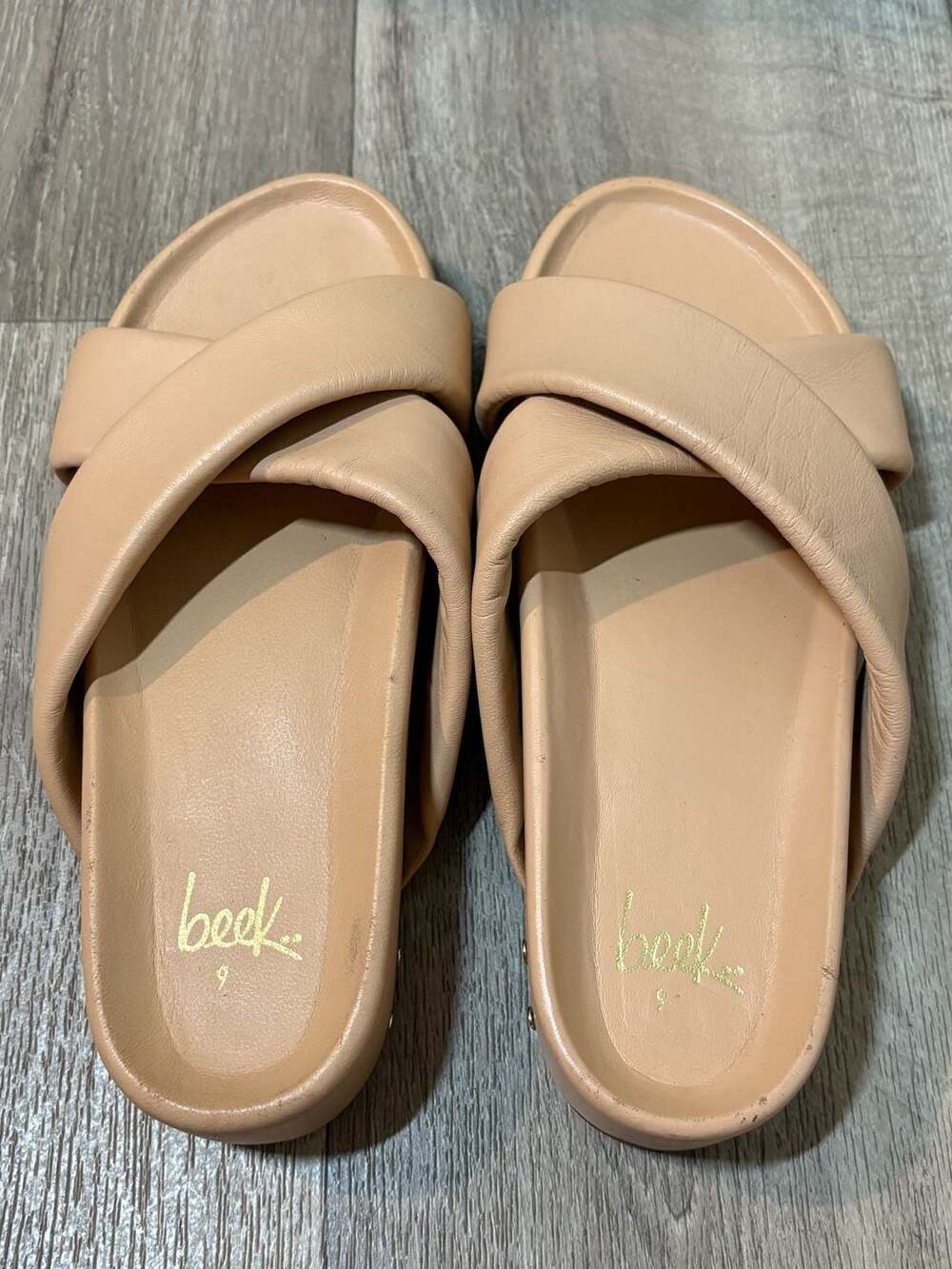 Beek Tori Sandals Size 9 Tan Leather Cross Strap Platform Slides